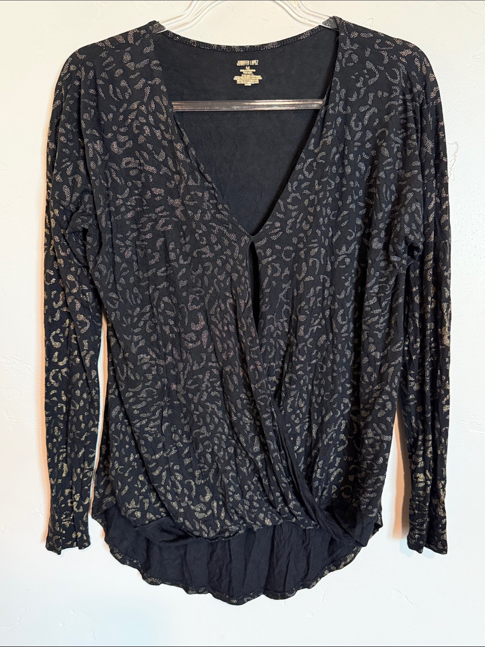 Jennifer Lopez Black Metallic Leopard Wrap-Front Long Sleeve Top
